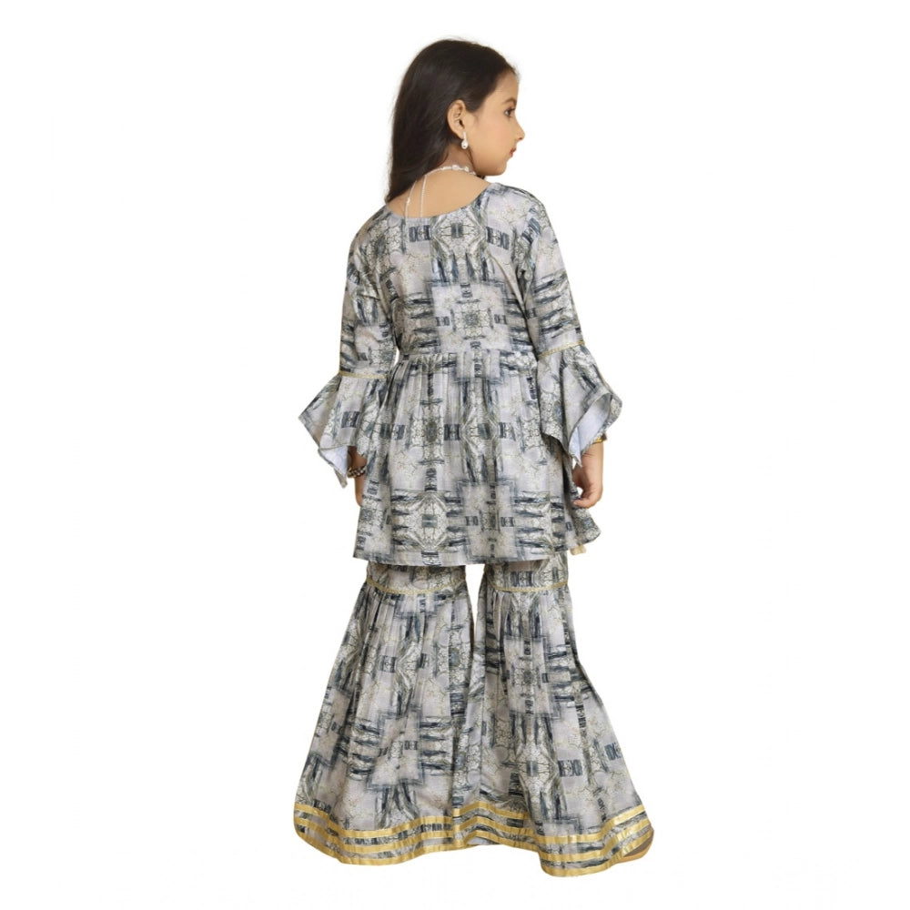 Generic Girl's Maslin Embrodrery Lace Aliya Cut Top With Sharara Dupatta Set (Grey)