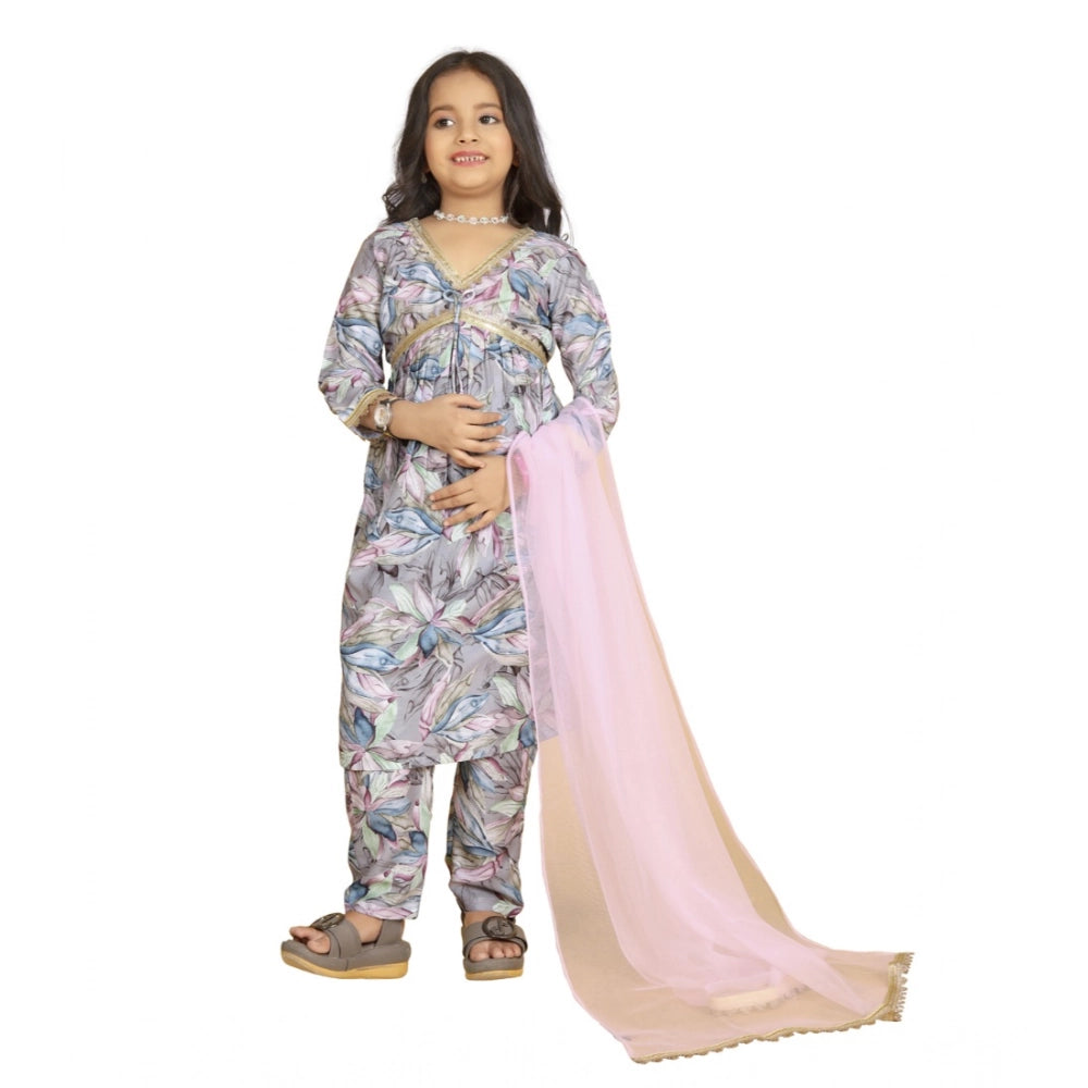 Generic Girl's Maslin Embrodrery Lace Aliya Cut Top With Bottom Dupatta Set (Grey)
