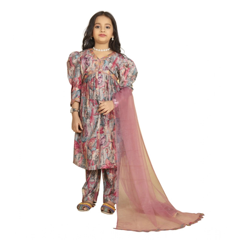 Generic Girl's Maslin Embrodrery Lace Aliya Cut Top With Bottom Dupatta Set (Multicolor)