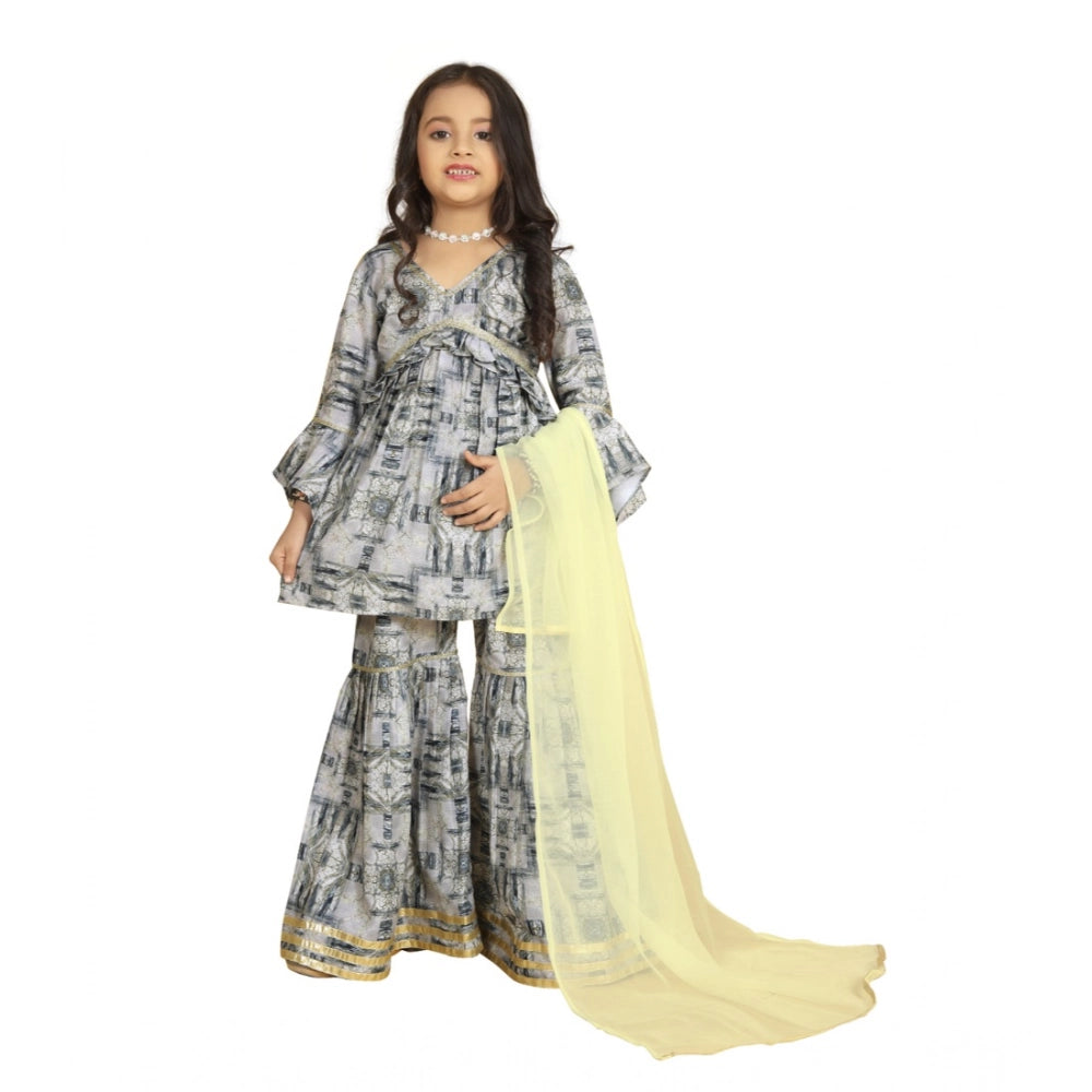 Generic Girl's Maslin Embrodrery Lace Aliya Cut Top With Sharara Dupatta Set (Grey)