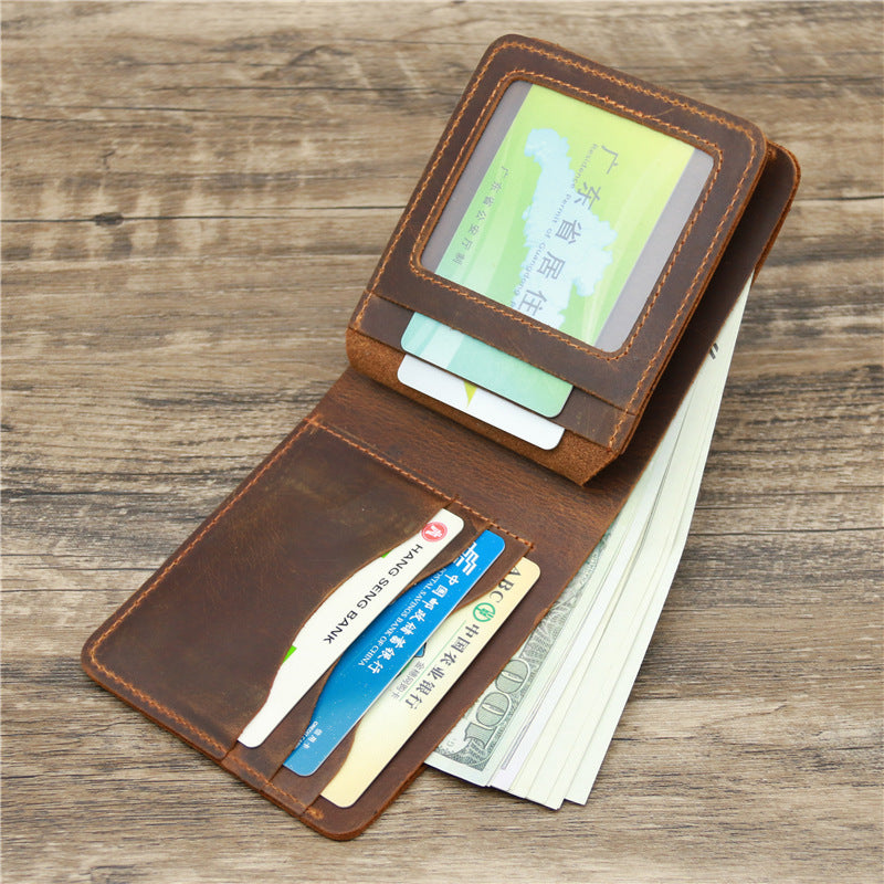 Mens Retro Crazy Horse Leather Tri Fold Wallet Cowhide