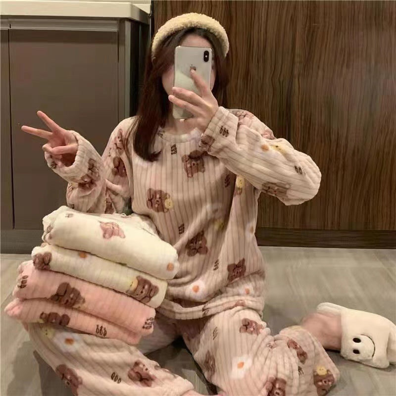 Bear Print Coral Velvet Pajamas Suit