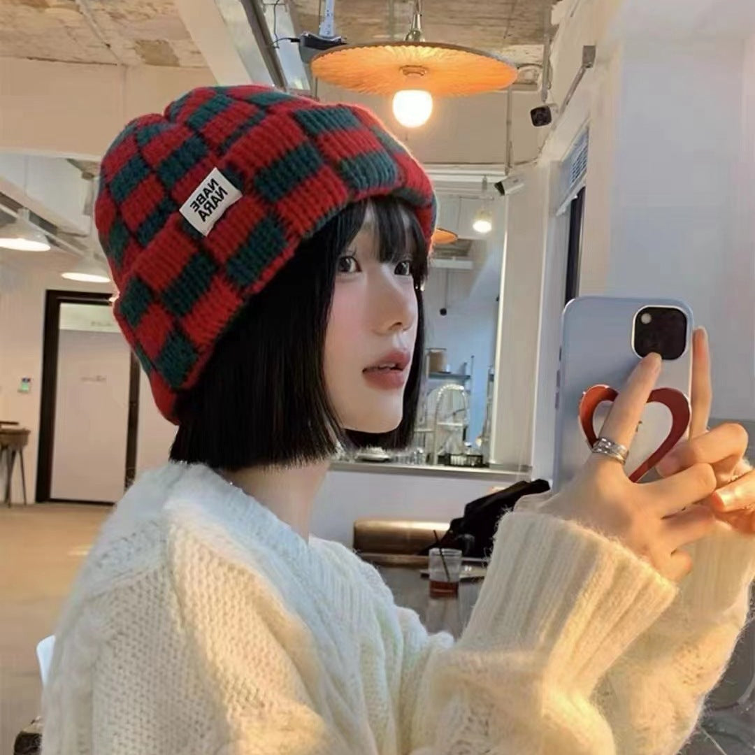 Chessboard Plaid Knitted Hat for Women – Autumn & Winter Korean Style Beanie