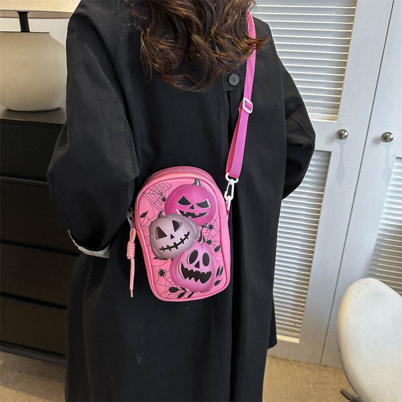 Halloween Crossbody Phone Bag – Cartoon Pumpkin, Ghost, and Bat Print Mini Shoulder Bag for Girls and Women