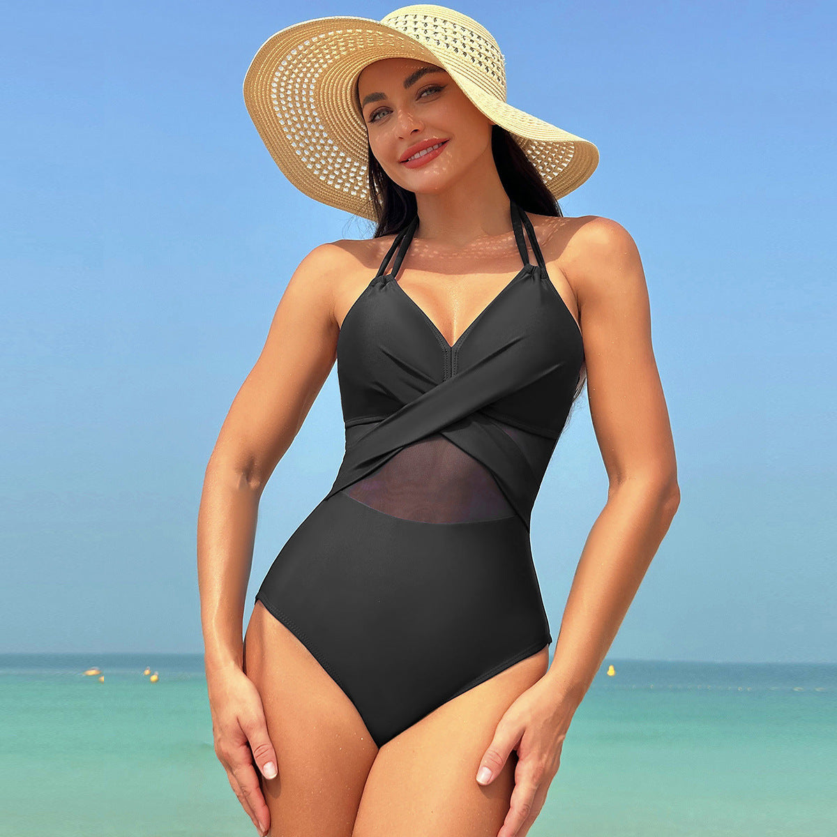 Women’s Mesh Cross-Strap One-Piece Swimsuit – Summer Beach