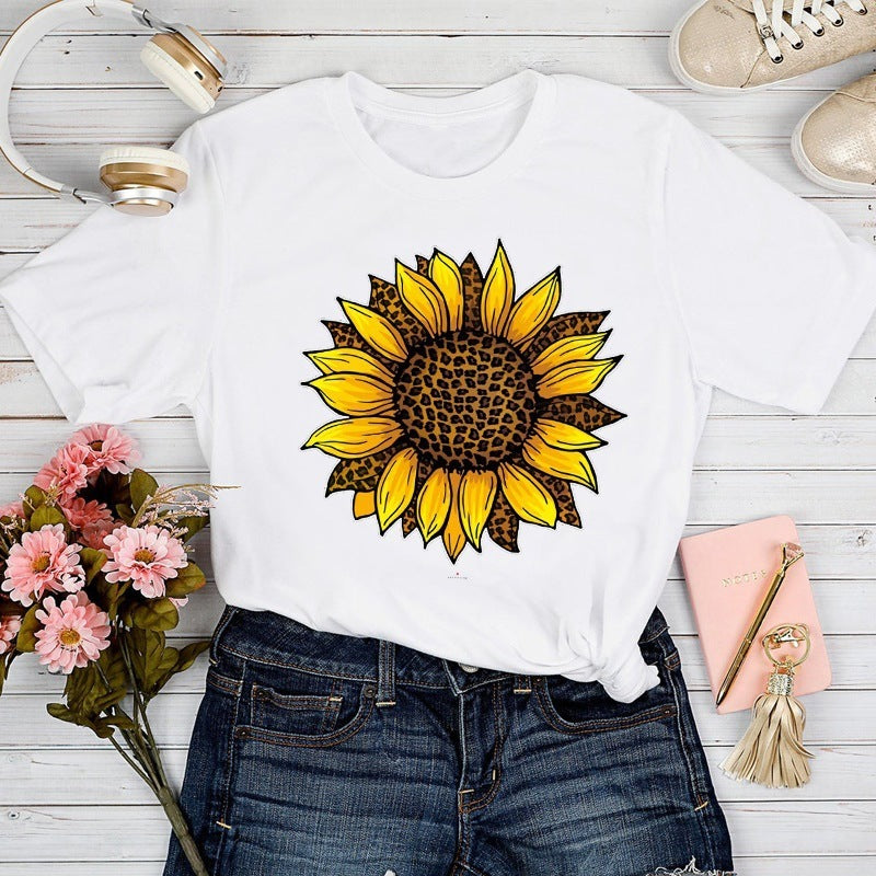New Love Sunflower Printed Short-sleeved Top Cute Pattern T-shirt Top For Women