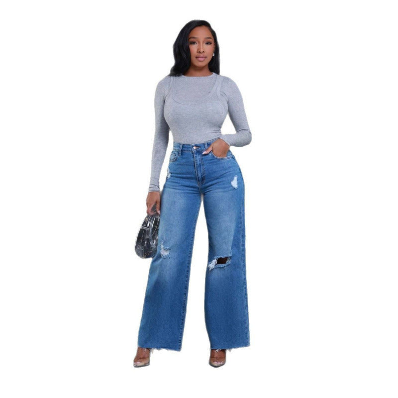 Women's Ripped High Waist Loose Straight Wide-Leg Jeans