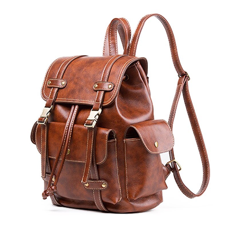Women's Vintage PU Leather Motorcycle Backpack Drawstring