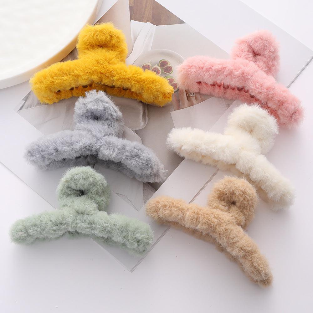 Solid Color Fur Grip Plush Back Head Barrettes