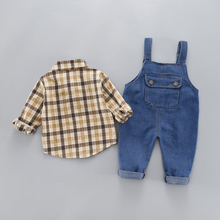 Children’s Long-Sleeved Plaid Shirt with Denim Strap Coverall