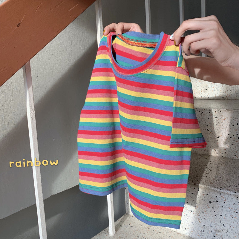 Loose Rainbow Stripes Short Sleeve T-shirt Top