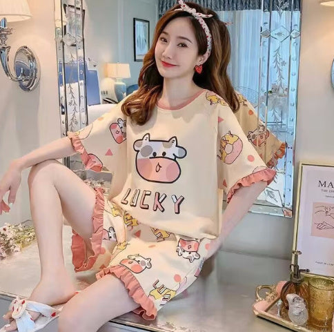Womens Relaxed Milk Silk Strawberry Blue Homewear Summer