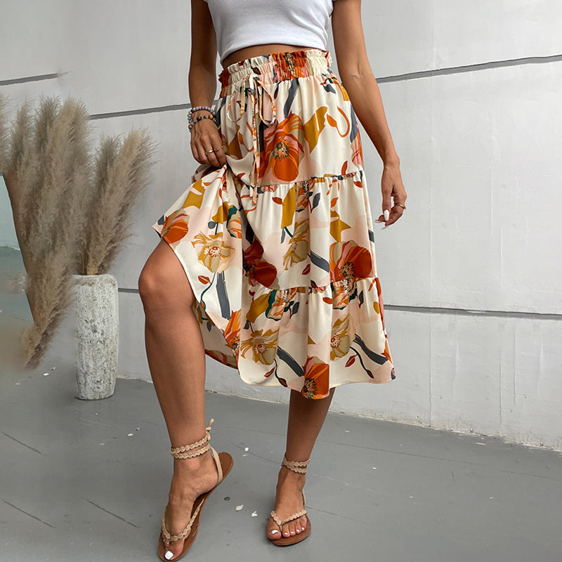 Boho Chic Women’s Floral Tiered Midi Skirt – Flowy A-Line Elastic Waist Summer Skirt