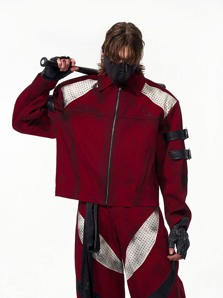 Unisex Red Dirty Dyed Short Denim Coat Colorblock Style