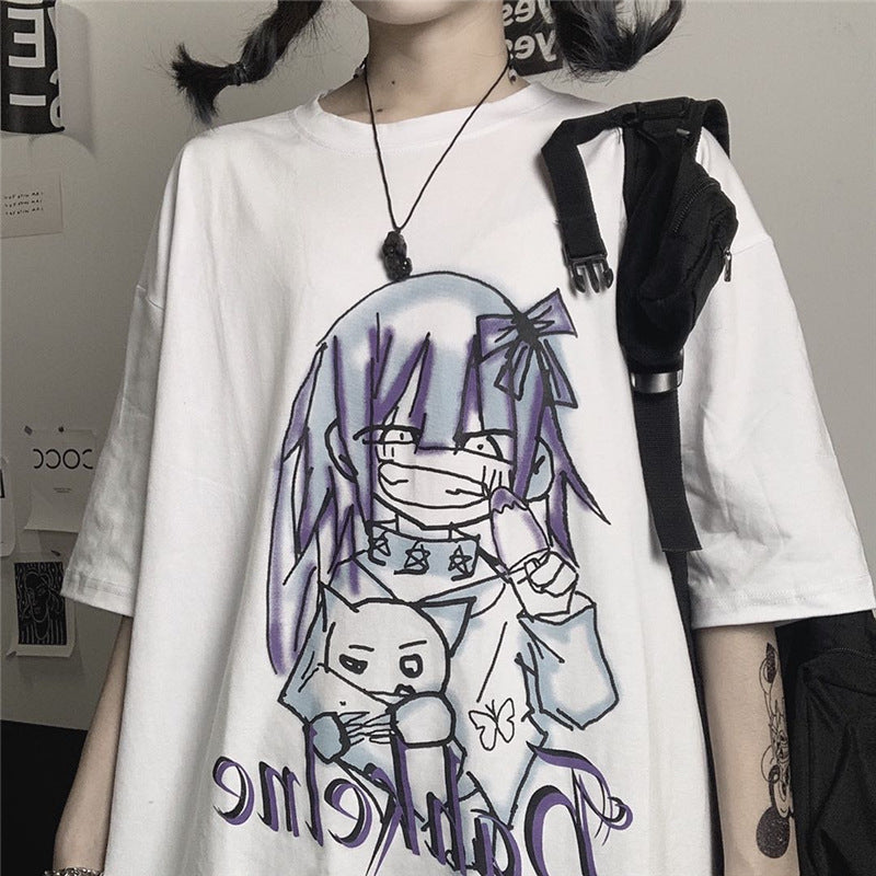 Cartoon Print Loose Short Sleeve T-Shirt Women