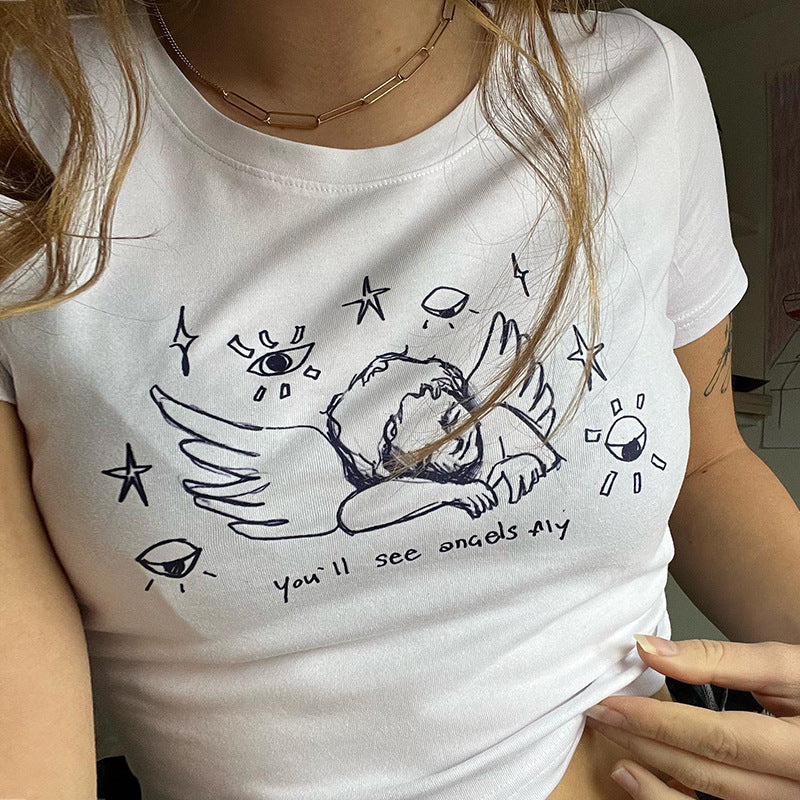 New Cute Angel Printed Short Sleeved T-shirt For Women