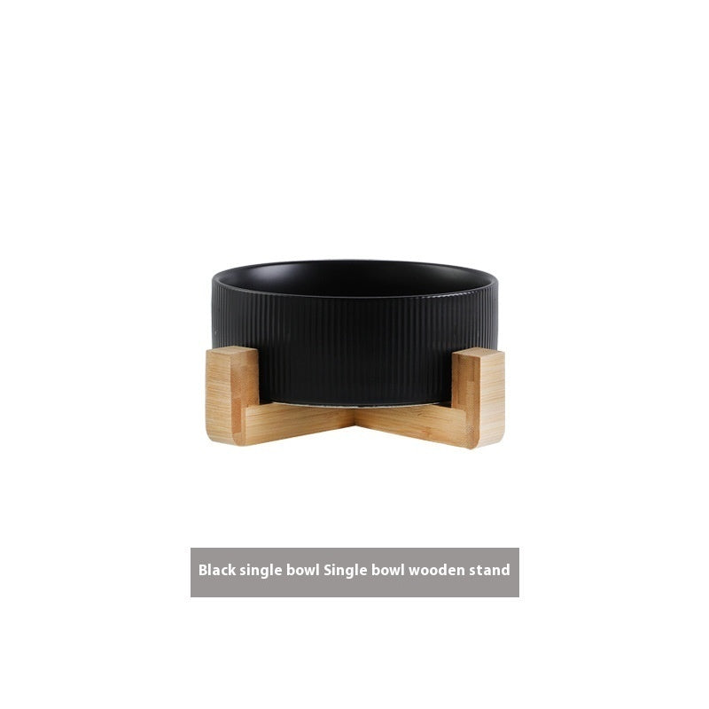 Pet Simple Wooden Frame Anti-tumble Ceramic Bowl