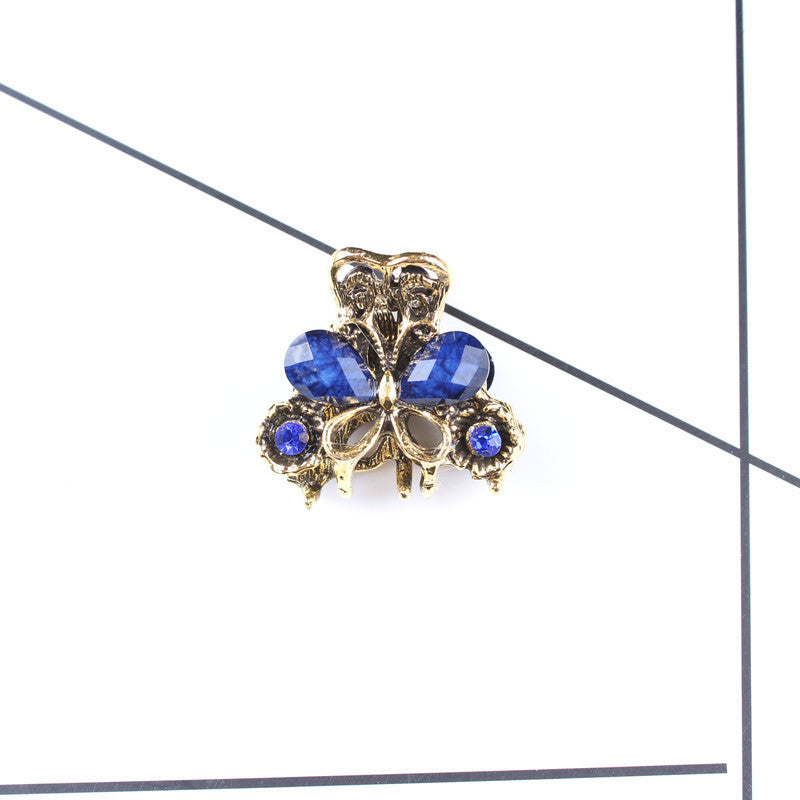 Antique Bronze Diamond and Gemstone Butterfly Grab Clip Hairpin