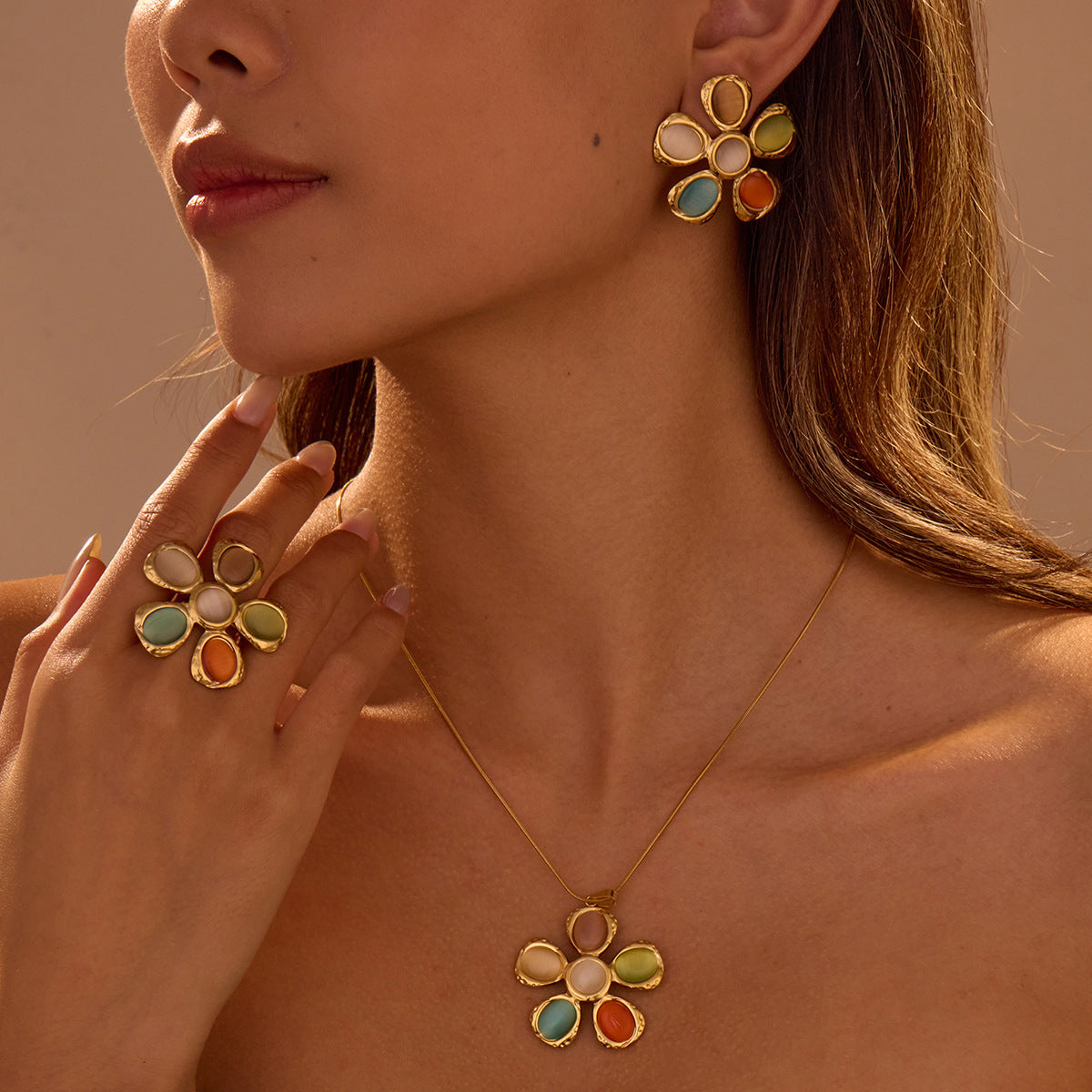 Unisex Hammered Flower Earrings Opal Stainless Steel