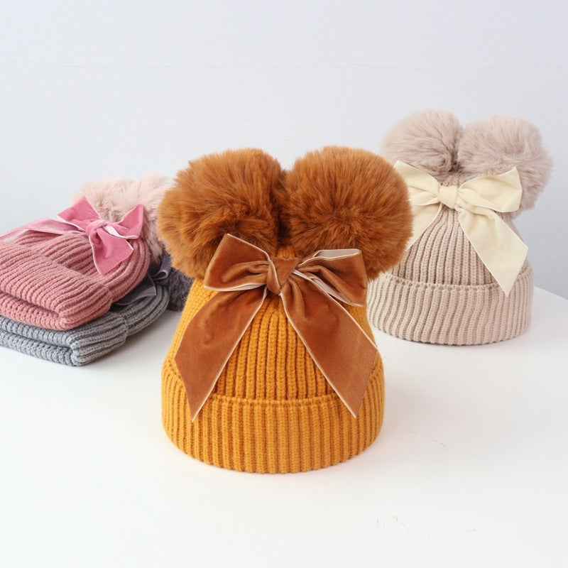 Double Ball Bow Knit Hat For Thick And Warm