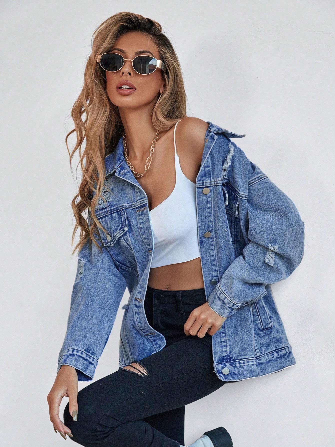 Unisex Drop Shoulder Denim Jacket Front Flap Pocket
