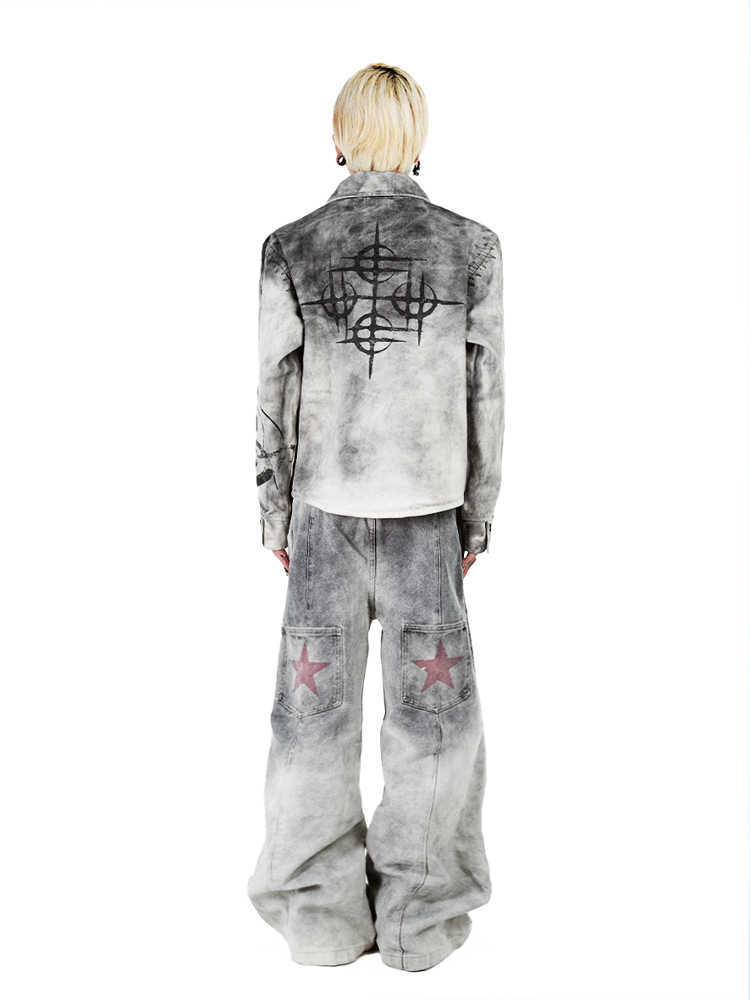 Unisex Sub Lapel Casual Jacket Distressed Cotton Printed