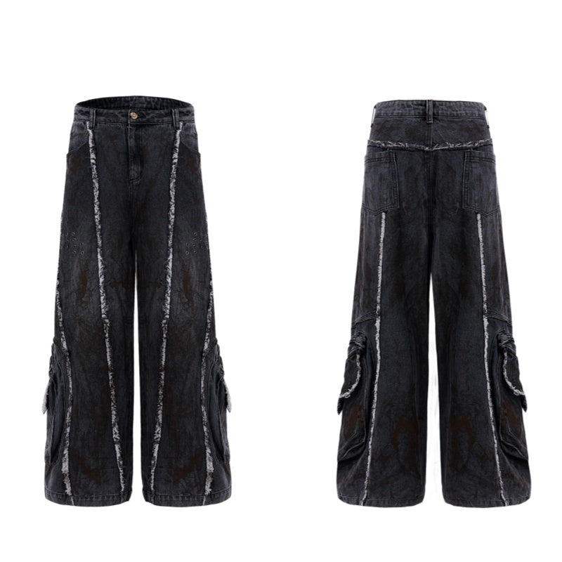 Raw Edge Splash-dyeing Distressed Padded Shoulder Denim Coat