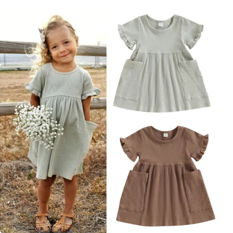 Girls' Sunken Stripe Cotton Short Sleeve Dress Round Neck Solid Color A- Line Skirt