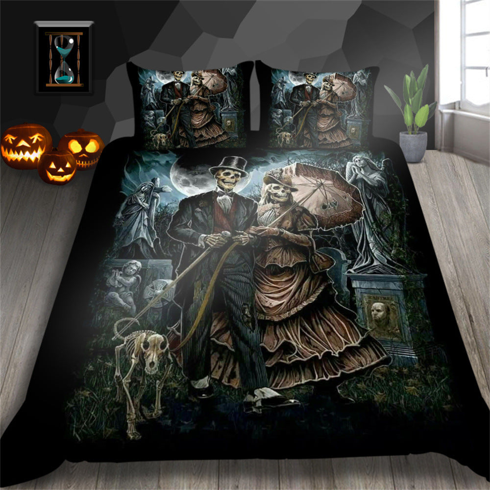 3D Printed Skull Pattern Three-Piece Chemical Fiber Bedding Set