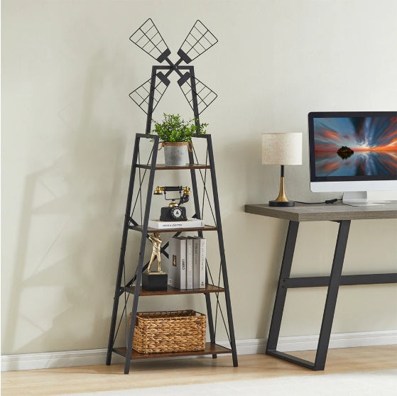 4-Tier Bookshelf,Display Storage Shelves With Metal Frame,Bookcase Organizer With Windmill For Living Room,Home Office