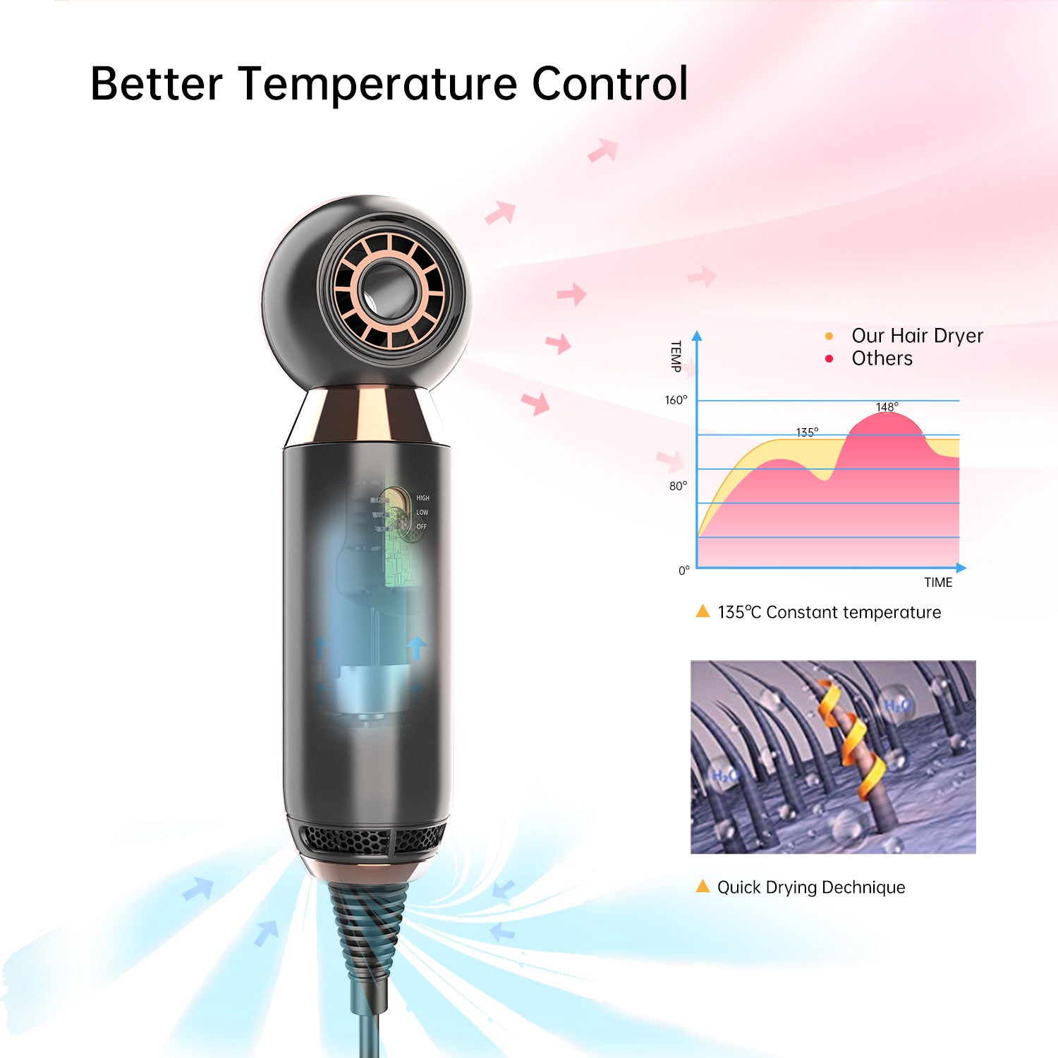Leafless Hair Dryer 800W – 2-Speed Negative Ion Portable Salon Blower