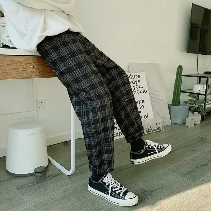 Men’s Korean Plaid Loose Harem Pants – Retro Casual Style