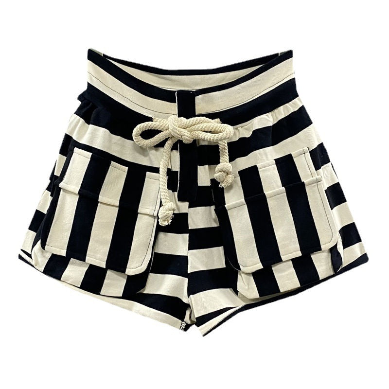 Women’s Striped Cargo Shorts – Casual Hot Pants, High-Waist with Utility Pockets