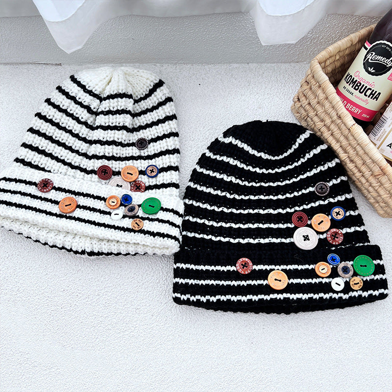 Autumn & Winter Buttons Knitted Hat – Warm Ear Protection, All-Match Cute Pile Heap Cap