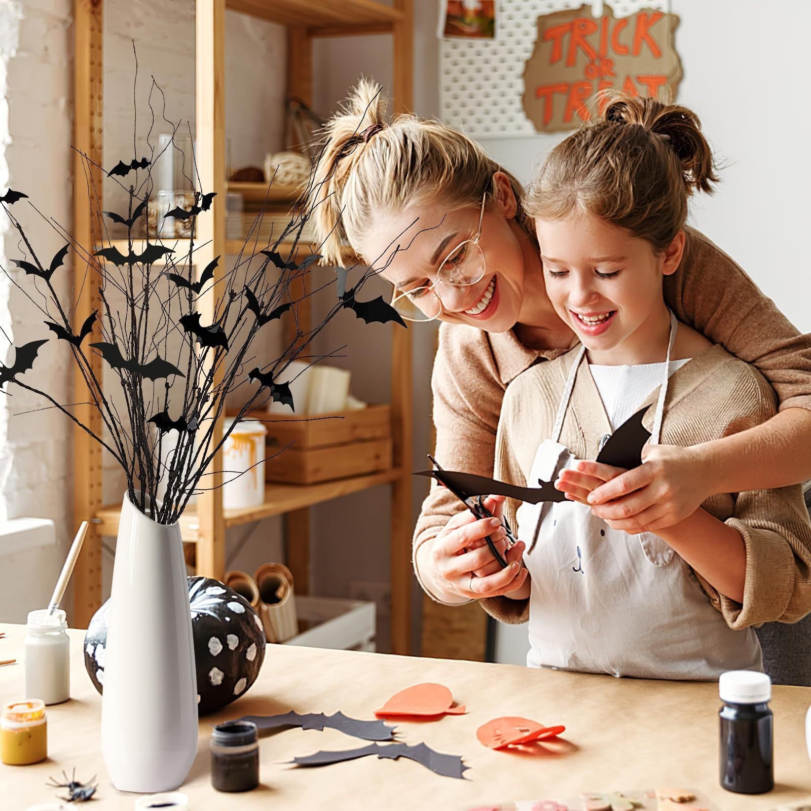 Curly Willow Branches with Bats – 29.5" Artificial Black Stems with 36 Halloween Bat Stickers for Home and Party Decorations