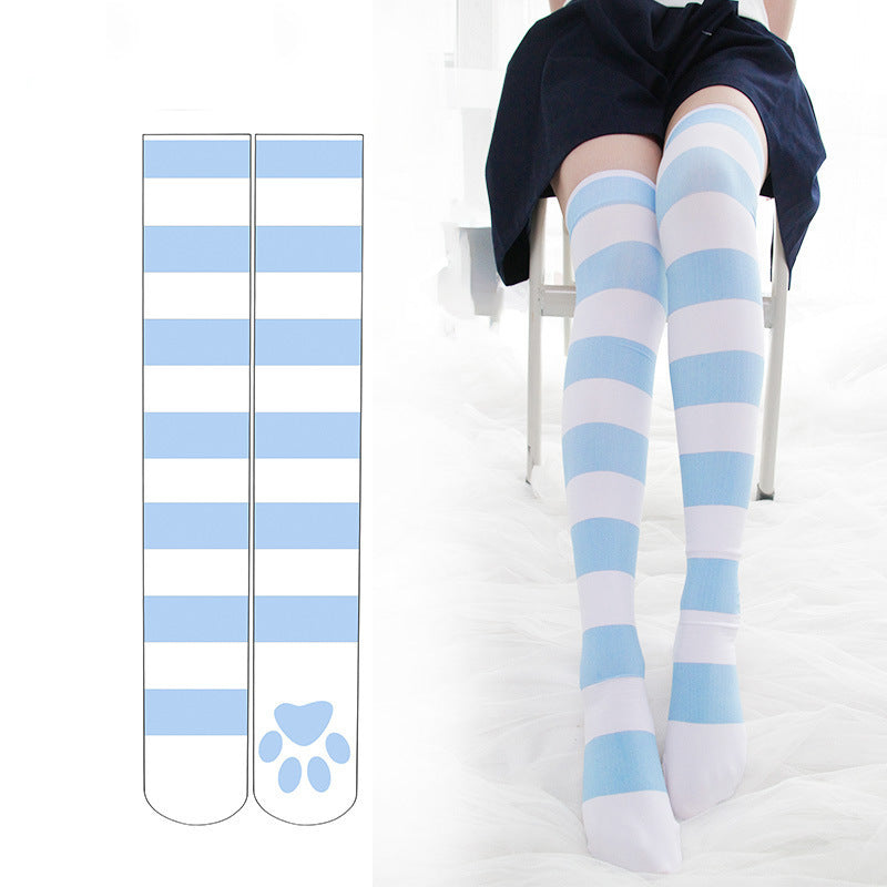 Striped Cat Footprints Over-the-Knee Socks – Soft Girl JK Style Stockings