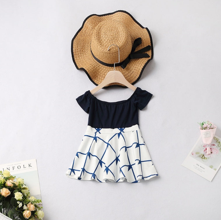 Europe and the United States parent-child mother and girl off-the-shoulder print skirt one-shoulder women's clothing