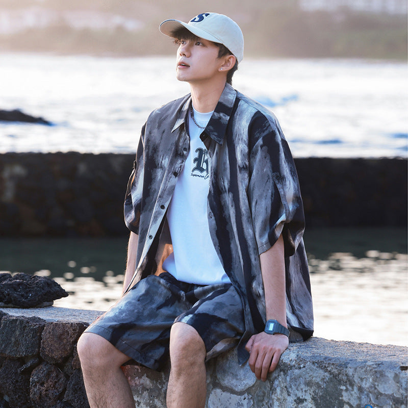 Ice Silk Tie-dye Sports Suit Men's Short-sleeve Shirt Beach Shorts Two-piece Set