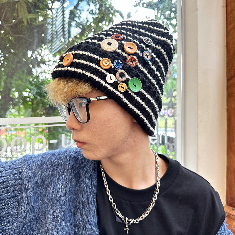 Autumn & Winter Buttons Knitted Hat – Warm Ear Protection, All-Match Cute Pile Heap Cap