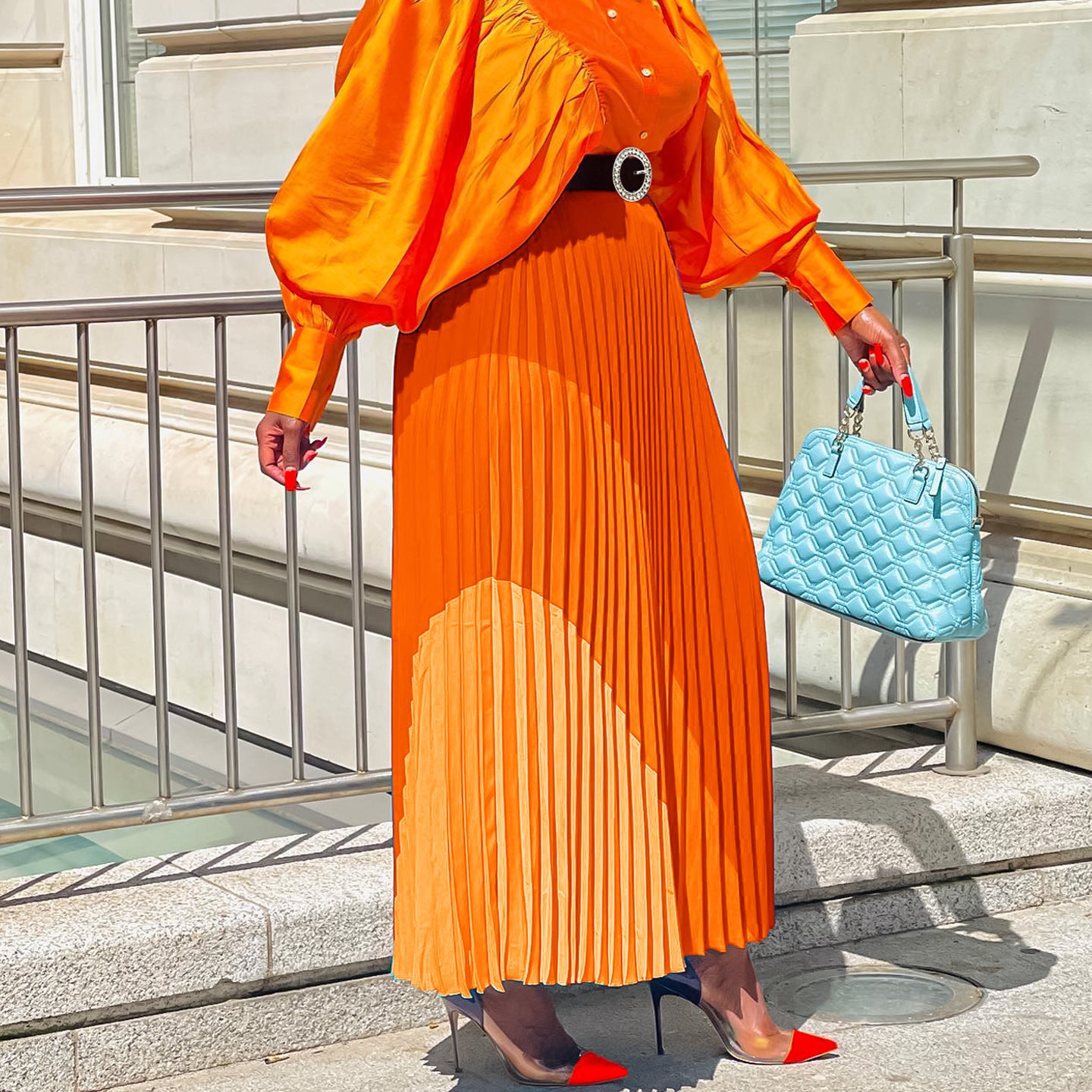 Colorblock Long A-Line Skirt with Belt – Street Fashion Pleated Maxi Skirt