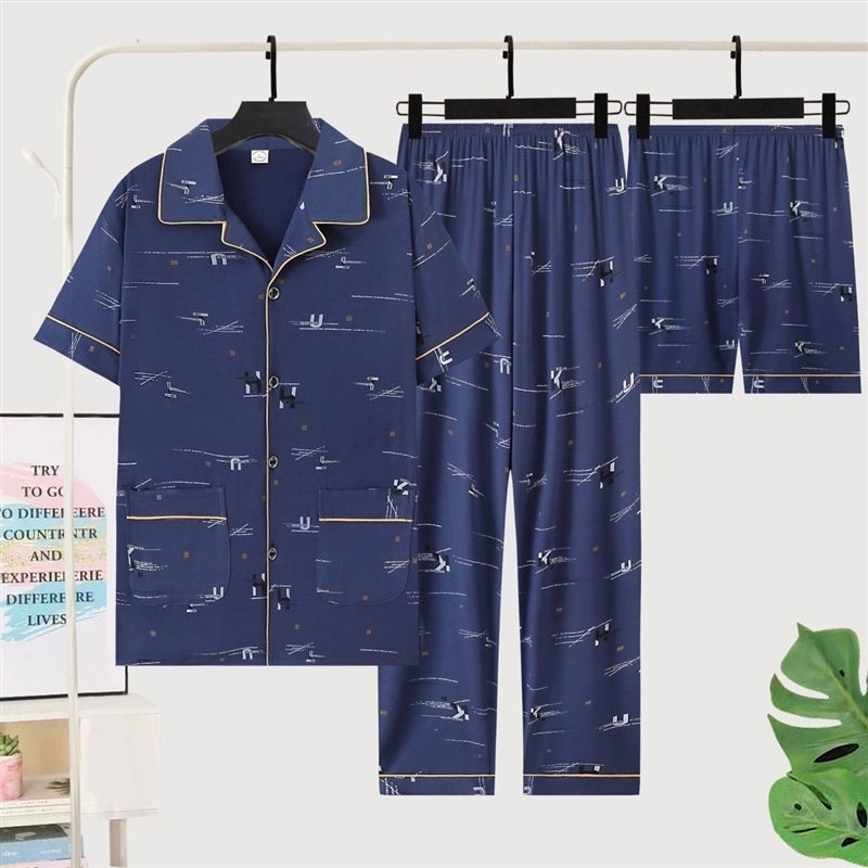 Three-piece Pajamas Men's Summer Pure Cotton Short Sleeve Trousers Suit