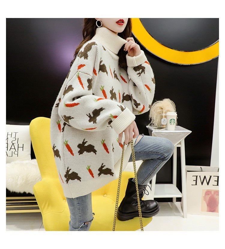 Cartoon Rabbit Turtleneck Pullover Sweater Women