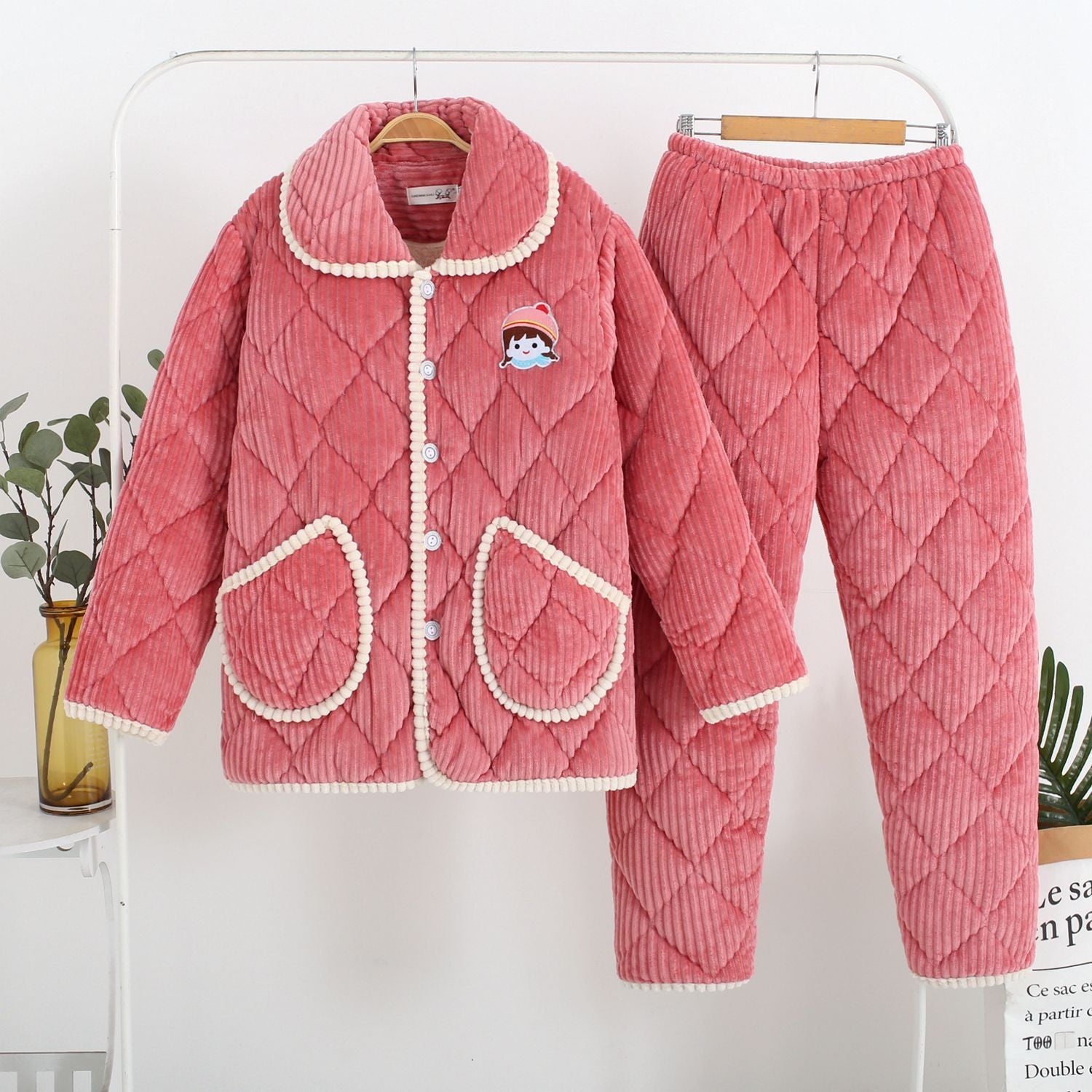 Women's Fashion Coral Fleece Three-layer Thickened Fleece-lined Warm Loungewear