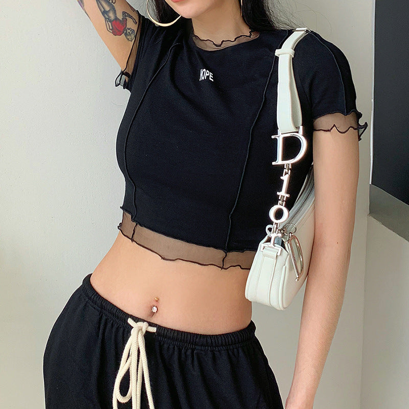Women's Cotton Slim Fit Letter Print Round Neck Tee Black