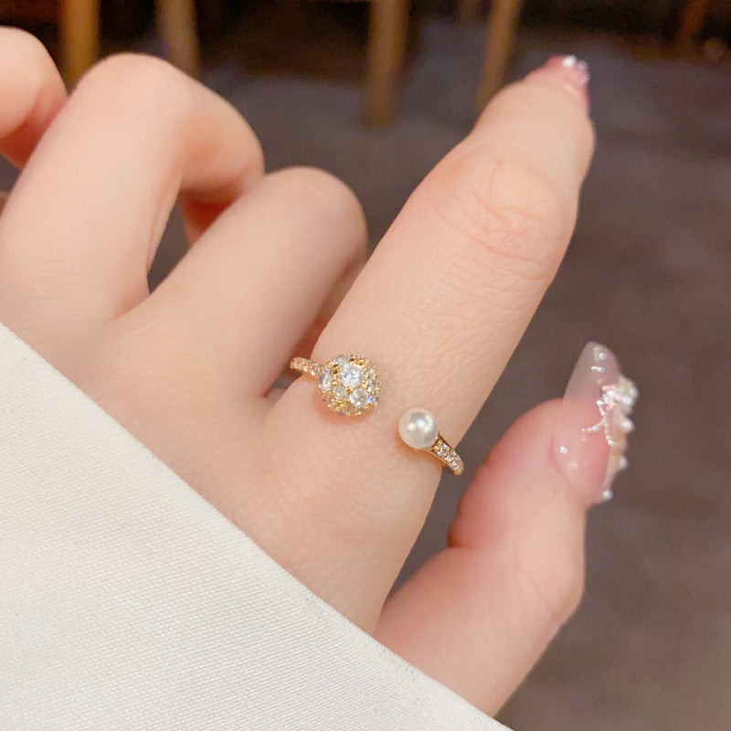 Light Luxury And Simplicity Round Zircon Open-end Pearl Ring