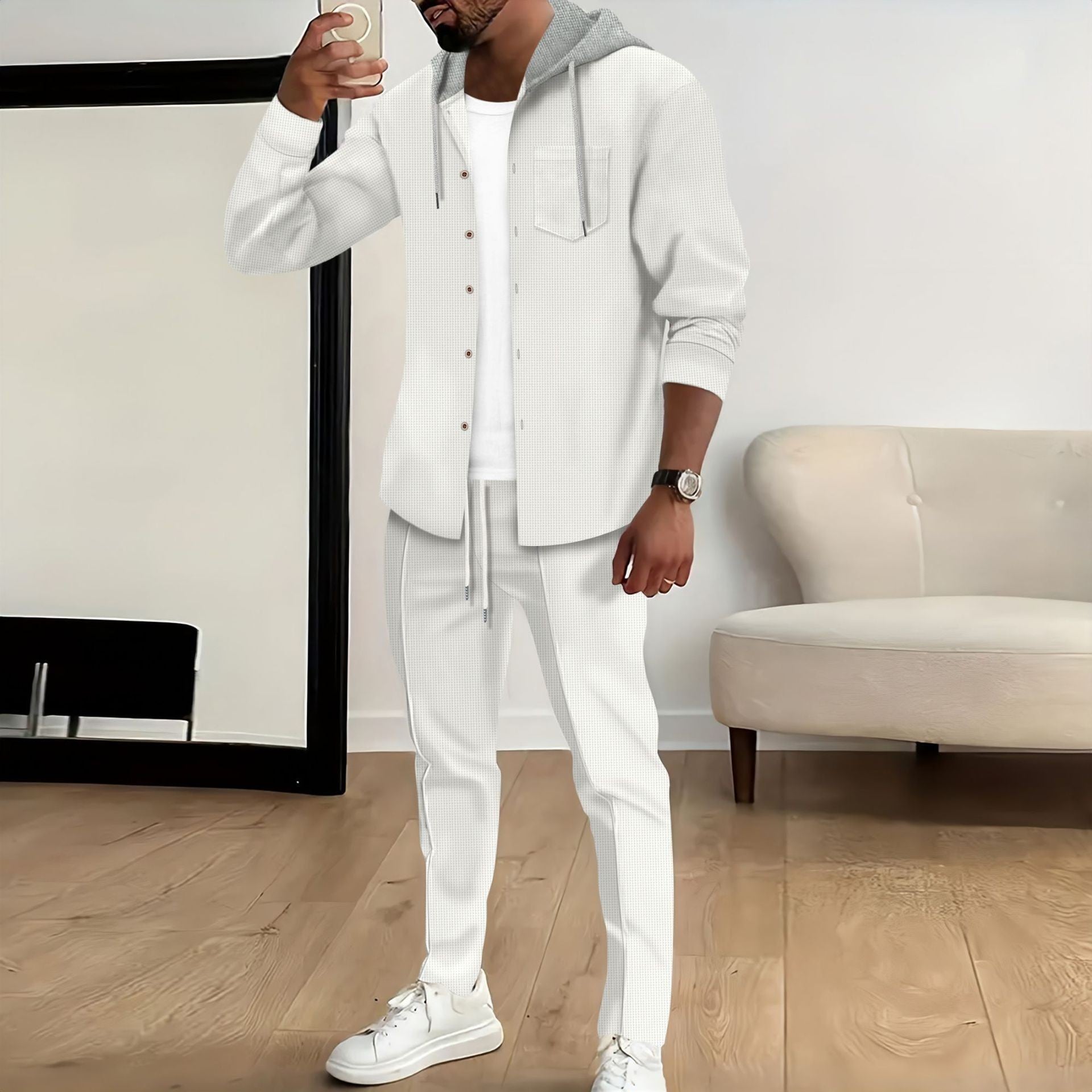 Men's Casual Hooded Color Block Long Sleeve Cardigan Jacket Trousers Suit