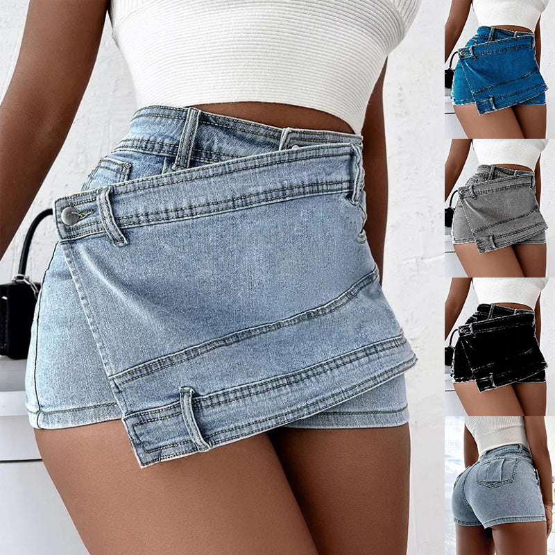 Y2K Street Vintage Denim Shorts – Overlap Waist, Asymmetrical Hem A-Line Skinny Skort