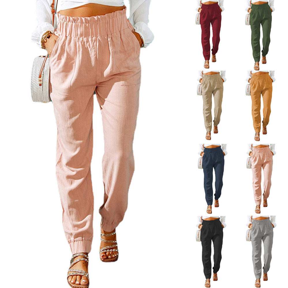 Women's Ruffled Straight Leg Polyester High Waist Trousers