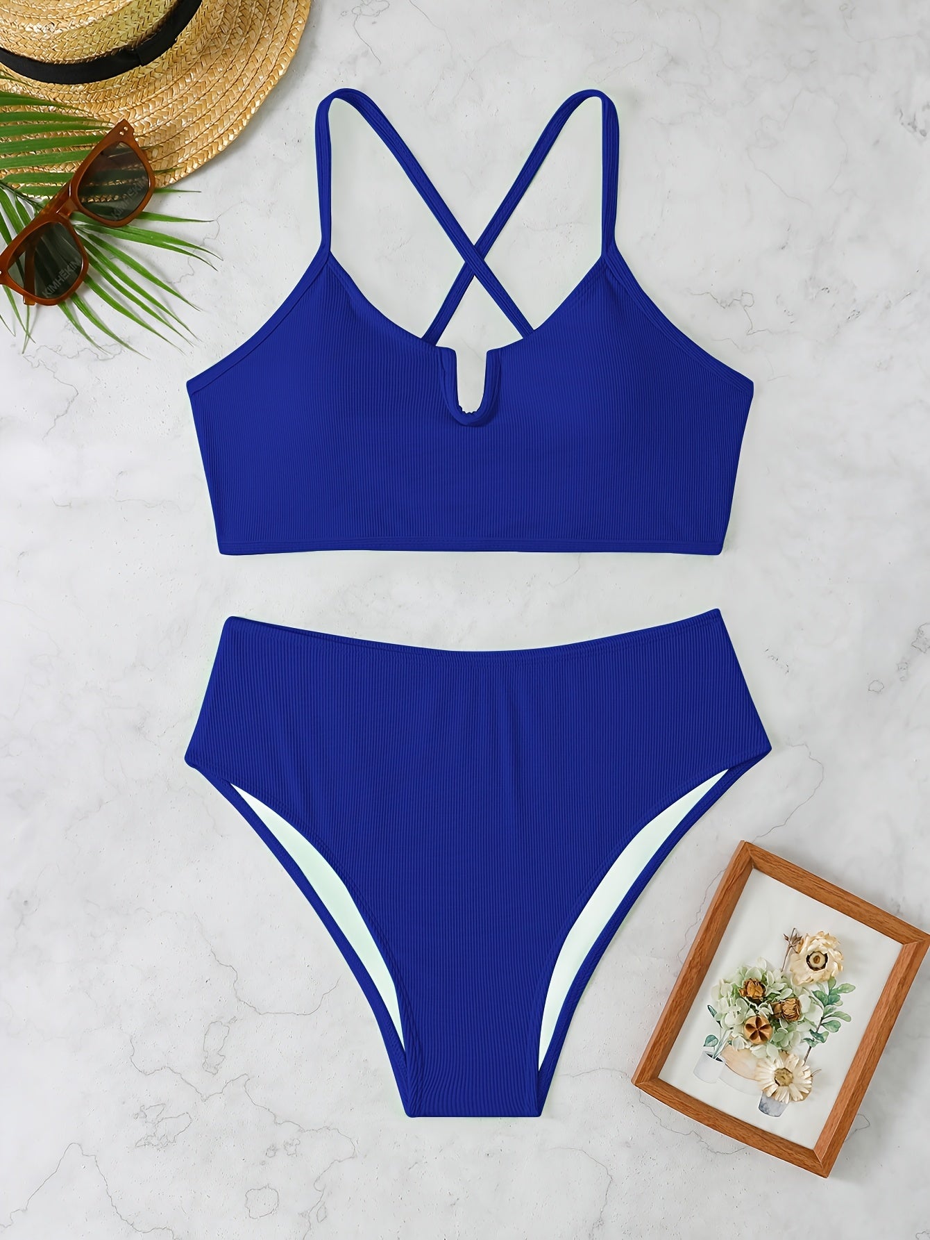 Retro Royal Blue Polyester Plus Size Swimsuit – Stylish & Comfortable