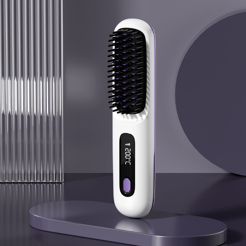 2-in-1 Wireless Hair Straightener Brush and Curler USB Rechargeable Fast Heating Comb